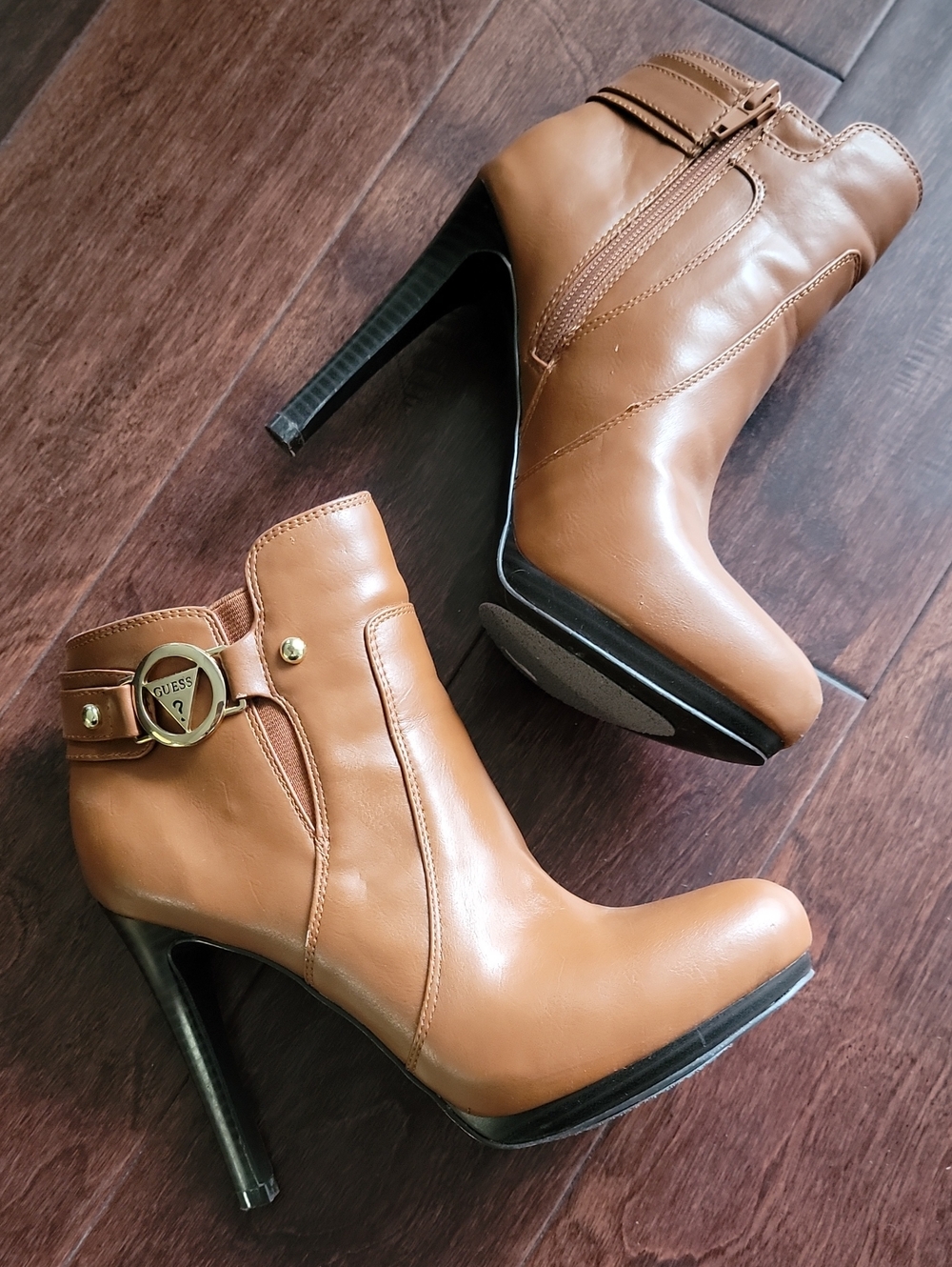 GUESS Cognac Leather Stiletto Ankle Boots